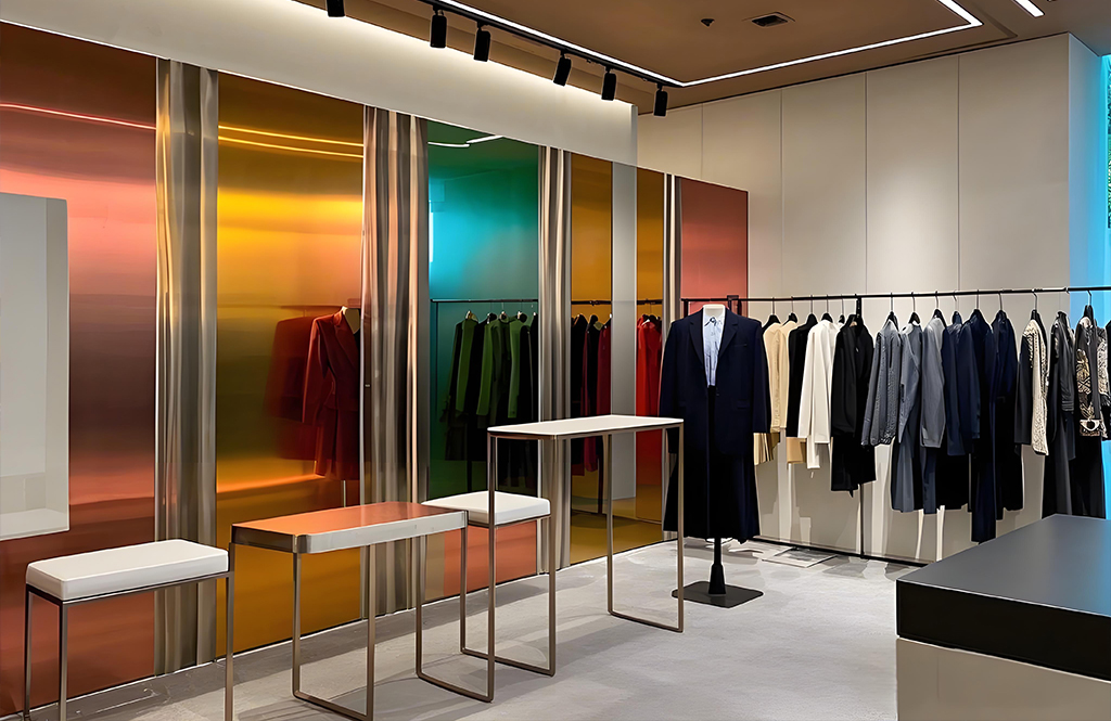 The clothing store is decorated with colored stainless steel The clothing store is decorated with colored stainless steel