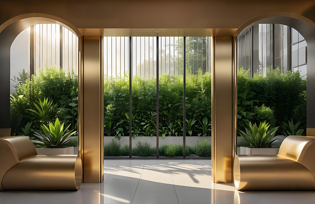 Lobby decorated in gold stainless steel Lobby decorated in gold stainless steel