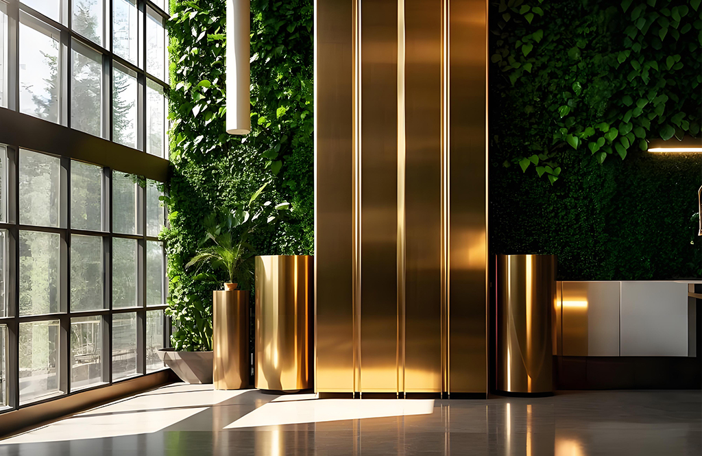 Lobby decorated in gold stainless steel Lobby decorated in gold stainless steel