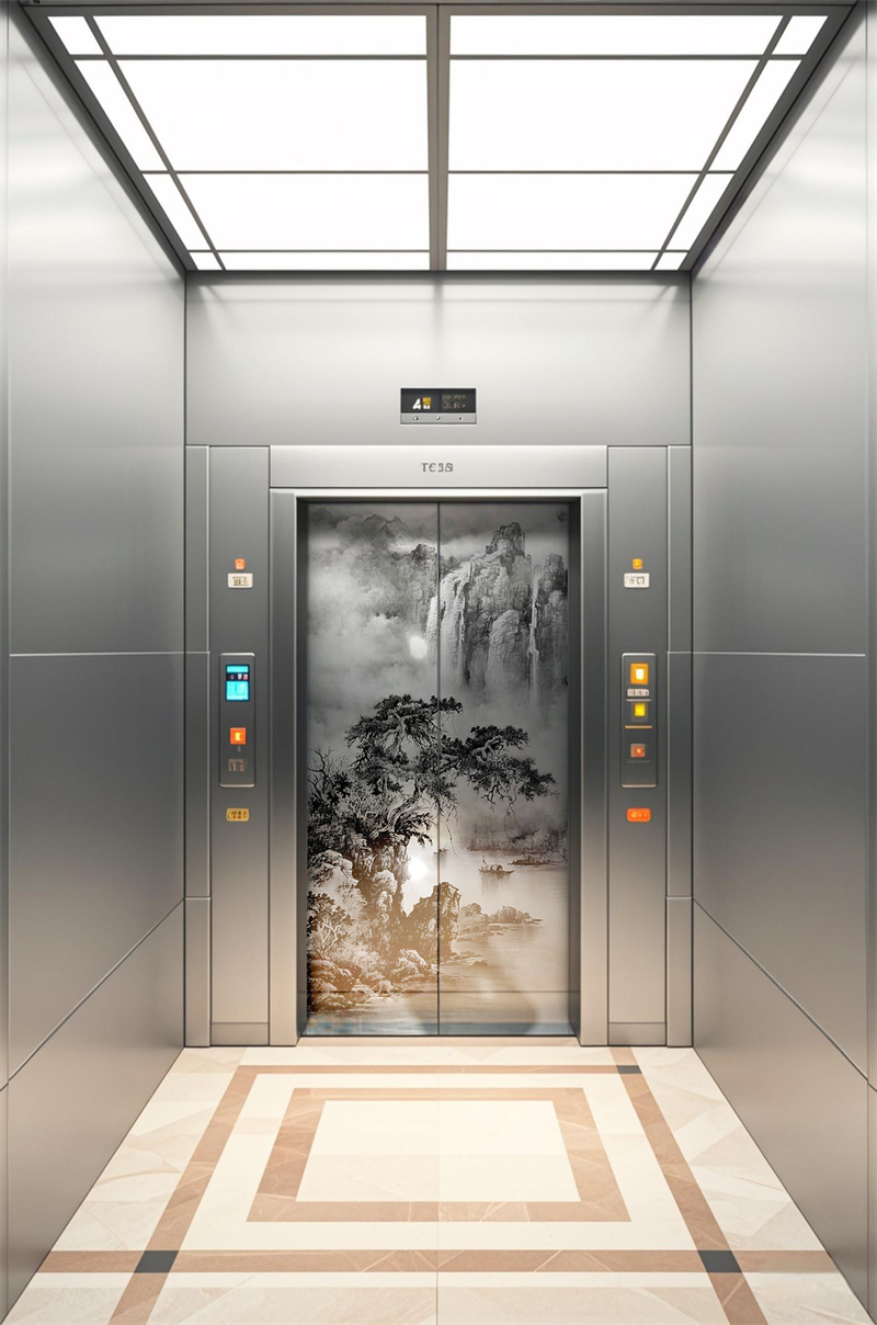 网点蚀刻不锈钢山水画电梯轿厢门 网点蚀刻不锈钢山水画电梯轿厢门