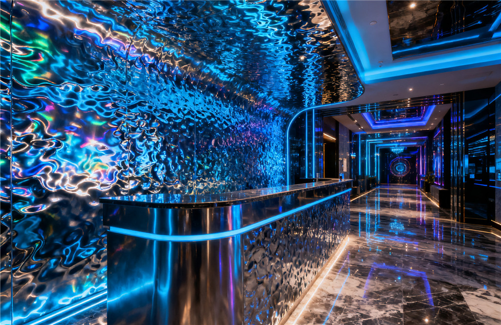 KTV lobby front desk gemstone blue water ripple stainless steel background wall KTV lobby front desk gemstone blue water ripple stainless steel background wall