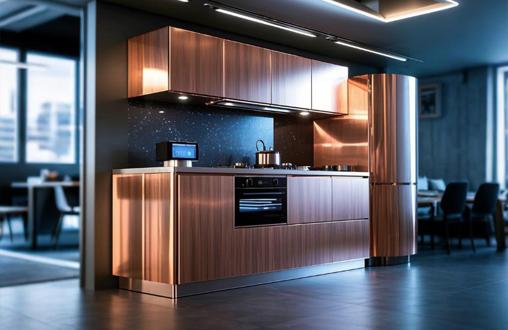 Open kitchen imitation wood grain rose gold stainless steel integrated cabinet