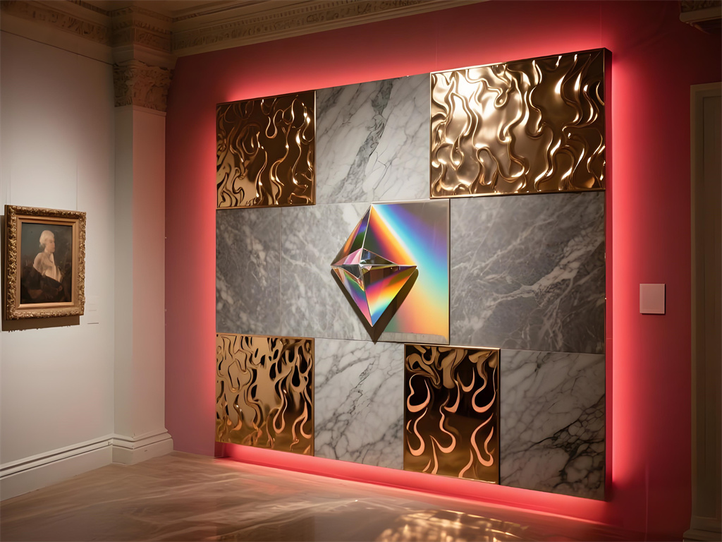 Classical Gallery Rose Gold Stainless Steel and Marble Splicing Art Wall