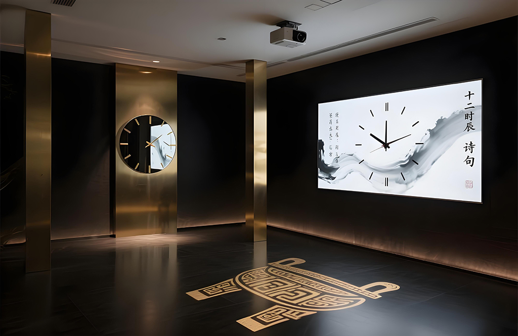 Minimalist exhibition hall decorated with matte gold stainless steel