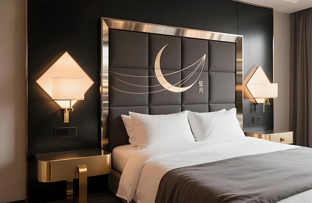 The background wall of the bedroom headboard is made of matte gold stainless steel frame