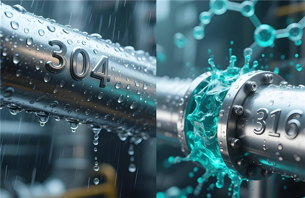 “304”不锈钢在潮湿城市雨景中，铬氧化膜隔绝水分子渗透，“316”不锈钢在化工厂管道上的抗化学腐蚀场景，钼元素分子屏障阻挡酸性液体侵蚀