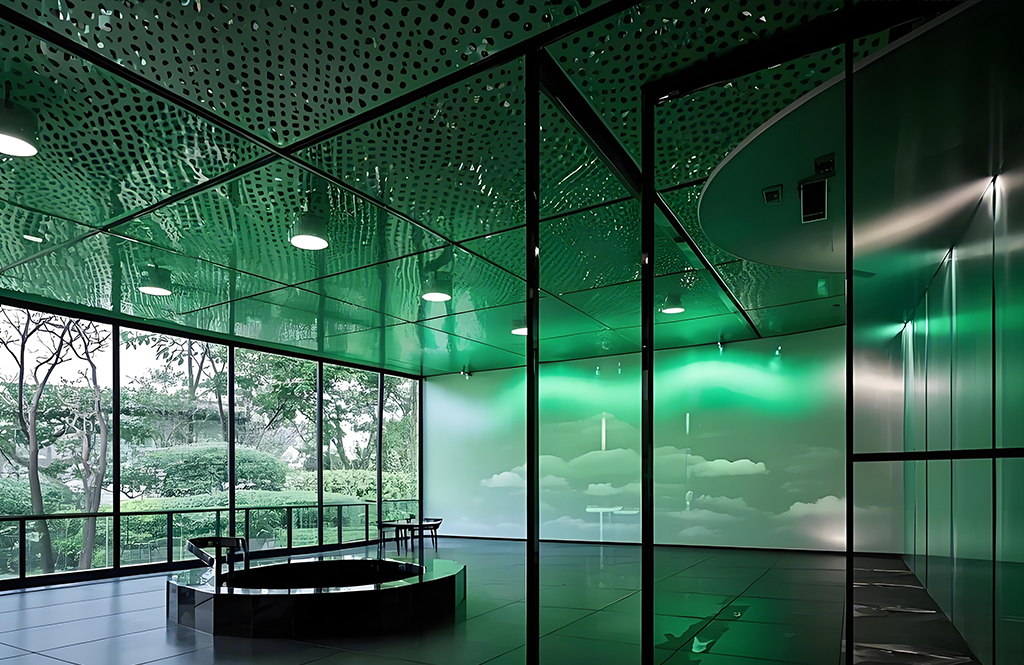 Etched stainless steel wall with stainless steel ceiling