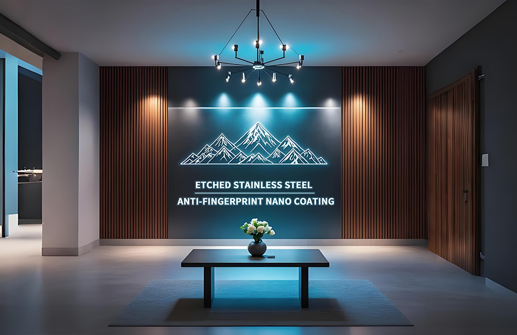 Etched stainless steel residential hall background wall