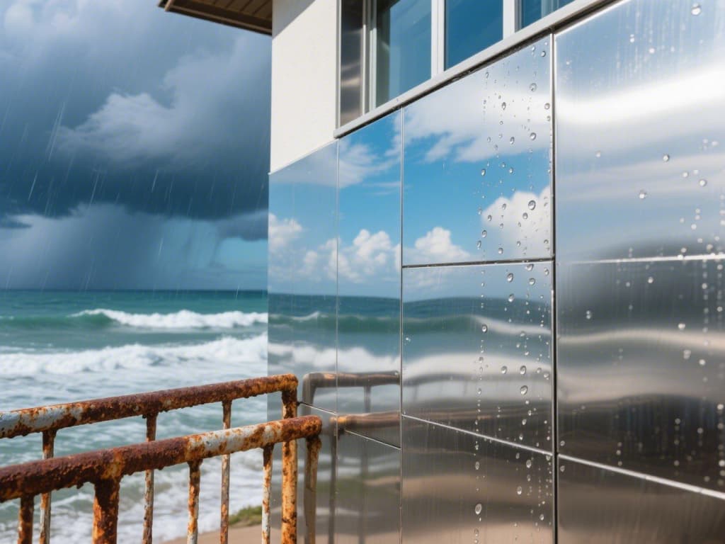 Close view of stainless steel sheet exterior wall of seaside villa Close view of stainless steel sheet exterior wall of seaside villa