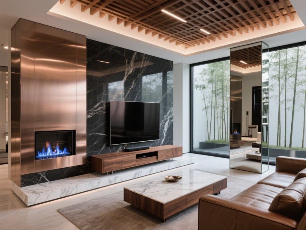 Combining stainless steel, stone, and wood for interior decoration effect Combining stainless steel, stone, and wood for interior decoration effect